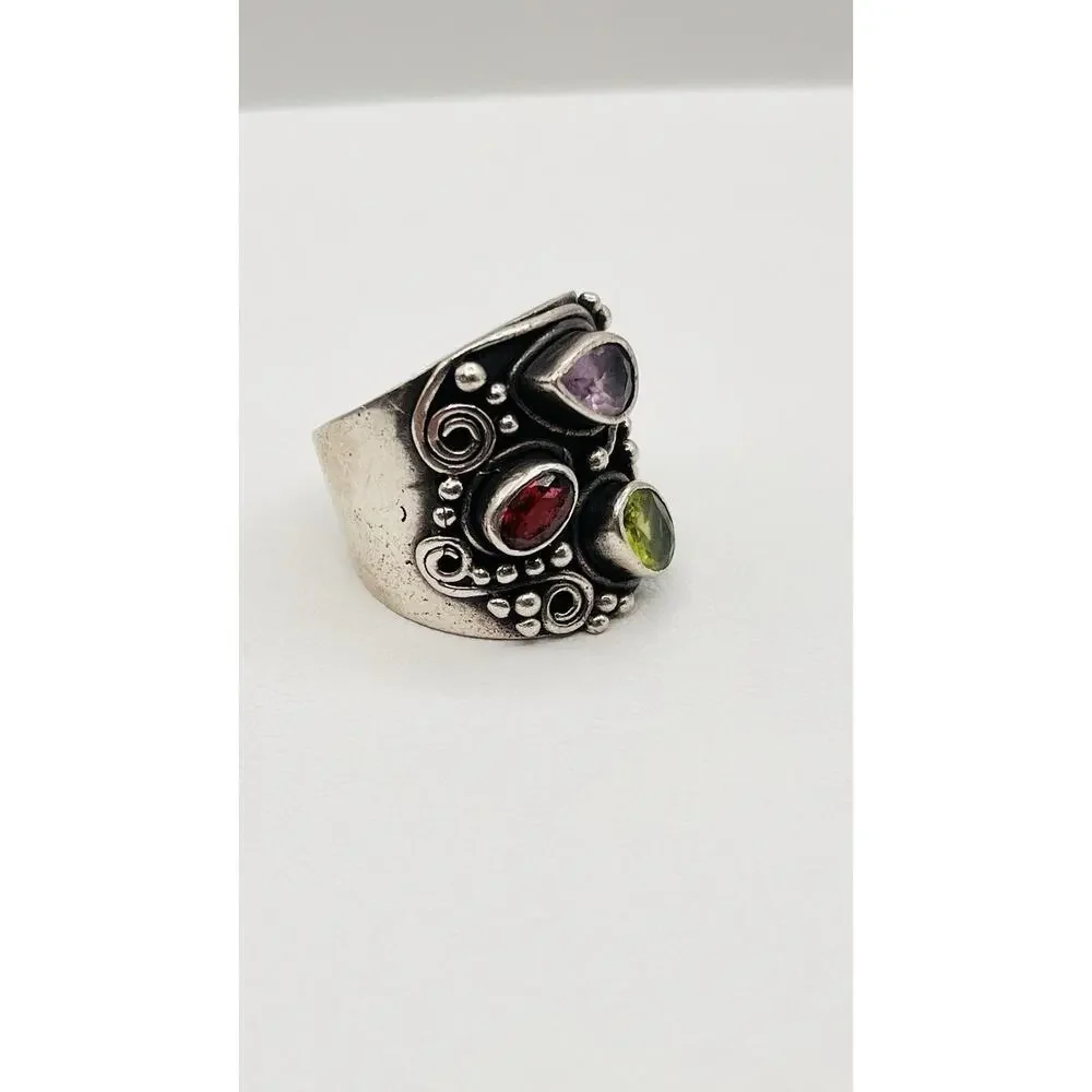 Vintage Cluster Signet Silver 925 Ring Amethyst Emerald Tourmaline Size 7,75
